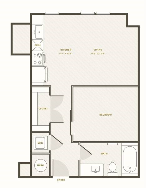 Floor plan for studio, 1 bath, 633 sqft